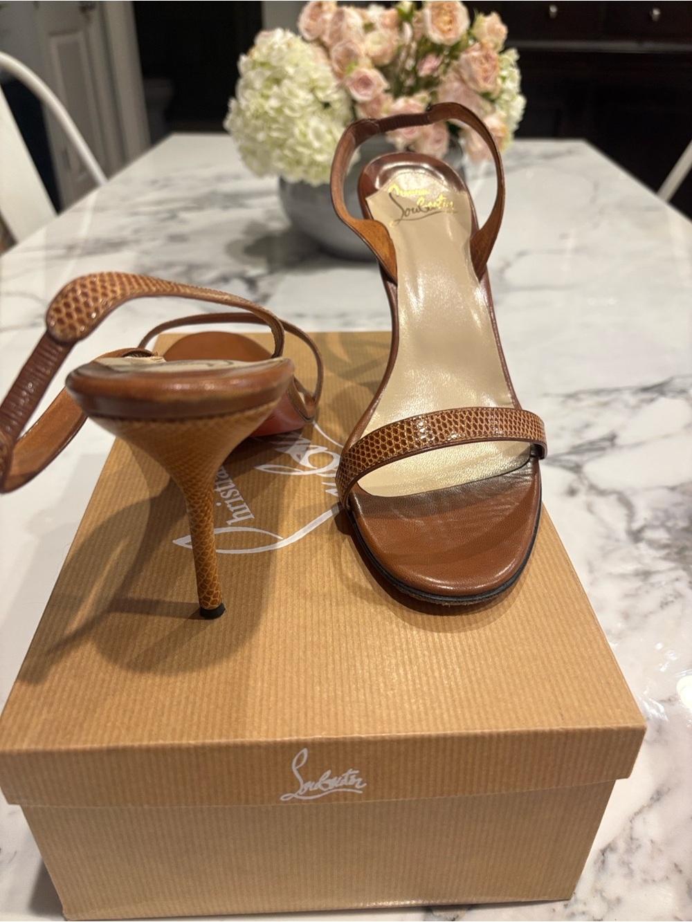 Christian Louboutin Brown Textured Strap Leather Slingback Heels - Picture 4 of 6